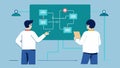 Control Algorithm Discussion Two engineers stand next to a whiteboard filled with flowcharts depicting control
