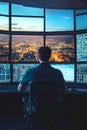 Control Center Operator Monitoring City Skyline and Data on Multiple Screens at Night