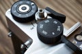 Control dial shutter speed and frame counter on SLR camera Royalty Free Stock Photo