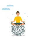 Control of emotions in a stressful situation. Calm woman in a lotus position sits on changing chaotic lines. Stress