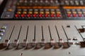 Control Fader. Mixing console of light equipment operator at the concert. Sound recording studio mixing desk with