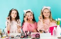 Control oil. Cosmetics shop. Apply lipstick. Prevent acne. Kids makeup. Skin care concept. Cosmetics for children Royalty Free Stock Photo