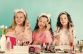 Control oil. Cosmetics shop. Apply lipstick. Prevent acne. Kids makeup. Skin care concept. Cosmetics for children Royalty Free Stock Photo