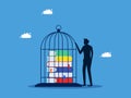 Control over learning and lack of freedom in education. man keeps books in a cage Royalty Free Stock Photo