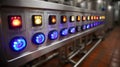 Control panel with bright lights in an industrial setting Royalty Free Stock Photo