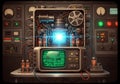 Control panel with dials, gauges, and colored lights, evoking Royalty Free Stock Photo
