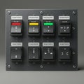 A control panel with eight black switches, each labeled as \