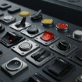 A control panel featuring an array of switches and buttons arranged in rows on a dark, Royalty Free Stock Photo