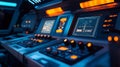 Control panel featuring bright orange lights with futuristic design in a spacecraft environment during a simulation at Royalty Free Stock Photo
