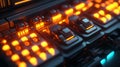 The control panel of the future gleams with an orange glow set against a science fiction backdrop and technical Royalty Free Stock Photo