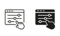 Control Panel Line and Silhouette Icon Set. Adjustment Button with Hand Pictogram. Control Panel and Pointer Sign Royalty Free Stock Photo