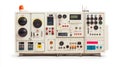 Control panel with numerous switches buttons and dials isolated on white background Royalty Free Stock Photo