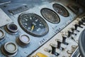 Control panel an old boat with a variety of gauges and dials