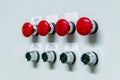 Control panel with red and black buttons. Equipment start and shutdown buttons
