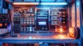 A control panel showcases a complex array of electrical switches and wires illuminated by ambient blue lighting, highlighting its