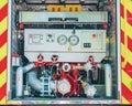 Control panel of the water supply system in a fire truck. Water pump in fire truck Royalty Free Stock Photo
