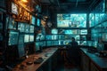 The control room controls the work of divers and systematizes processes using data from several video cameras. Colorful Royalty Free Stock Photo