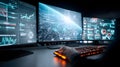 Control room dashboard with multiple monitors displaying AI forecasting maps, analytics charts, and global data visualization, Royalty Free Stock Photo