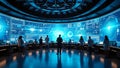 Control room with data displays and team members Royalty Free Stock Photo