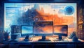 Control room desk with multiple monitors and a dramatic abstract cityscape display Royalty Free Stock Photo