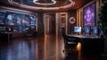 Control room featuring advanced holographic screens and modern design with ambient lighting ideal for high-tech operations and Royalty Free Stock Photo