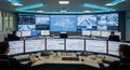 Control Room Interior with Operators Monitoring Screens Technology and Data Visualization in a Modern Environment Royalty Free Stock Photo
