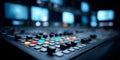 Control room mixer board with illuminated buttons for live broadcasting, creating a dynamic, focused atmosphere Royalty Free Stock Photo