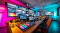 A control room with multiple monitors and a video switcher on the table Royalty Free Stock Photo