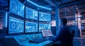Control Room Operator Monitors Data Visualization on Multiple Computer Screens Royalty Free Stock Photo