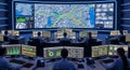 Control Room Operators Monitoring Large Digital Maps and Data Displays Royalty Free Stock Photo