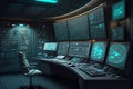 Control room with screens and computers, interior of command center, generative AI Royalty Free Stock Photo