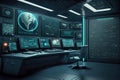 Control room with screens and computers, interior of command center, generative AI Royalty Free Stock Photo