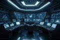 Control room with screens and computers, interior of command center, generative AI Royalty Free Stock Photo