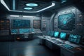 Control room with screens and computers, interior of command center, generative AI Royalty Free Stock Photo