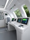 High-tech Train Control Room Featuring Multiple Screens and Modern Controls With Green Accents and a View of Greenery Royalty Free Stock Photo