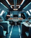Control room of a spacecraft with blue interior and multiple control panels. Space and illuminators Royalty Free Stock Photo