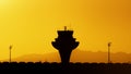 Control tower of Madrid - Barajas airport at sunset. Air Traffic Control Royalty Free Stock Photo