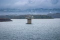 Control tower rising out of the water at Cardina Lake Reservoir