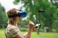 Control using VR points in a quadrocopter in the park. concept of new technologies. flights