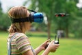 Control using VR points in a quadrocopter in the park. concept of new technologies. flights