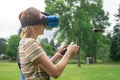 Control using VR points in a quadrocopter in the park. concept of new technologies. flights