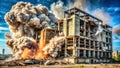 Controlled demolition of a multi-story structure with extensive dust and debris cloud. Generative AI Royalty Free Stock Photo