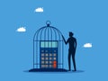 Controlled thoughts and lack of freedom in business. man keeps a calculator in a cage Royalty Free Stock Photo