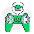 A controller icon with a tool tip with graduation hat to represent game based learning, the use of games to teach and engage