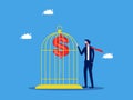 Controlling inflation and imprisonment of freedom. Businessman locks money balloons in a cage Royalty Free Stock Photo