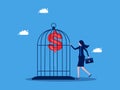 Controlling inflation and imprisonment of freedom. Businesswoman locks money balloons in a cage Royalty Free Stock Photo
