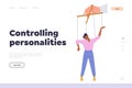 Controlling personalities concept for landing page template with woman puppet marionette character