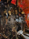 Controls on the footplate of a vintage steam locomotive