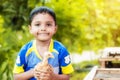 Contryside farm concept, The boy catch chick to separate the breed in the farm contryside Royalty Free Stock Photo