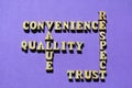 Convenience, Respect, Trust, Quality, Value, words as crossword Royalty Free Stock Photo